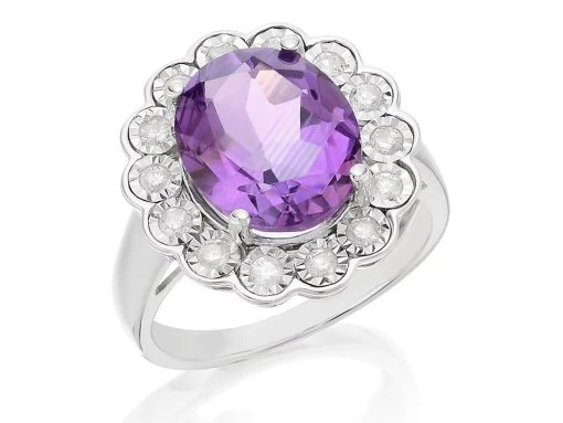 9ct White Gold Amethyst And Diamond Cluster Ring - 1/3ct - D63124 8 9ct White Gold Amethyst And Diamond Cluster Ring - 1/3ct - D63124 -Fhinds Shop D63124 L 1