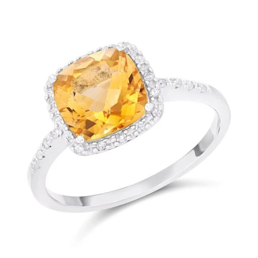 9ct White Gold Cushion Citrine And Diamond Cluster Ring - 10pts - D63159 -Fhinds Shop D63159 L 1
