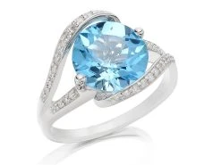 9ct White Gold Diamond And Blue Topaz Crossover Ring - 14pts - D7932