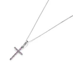 9ct White Gold Pink Sapphire And Diamond Cross And Chain - D95115