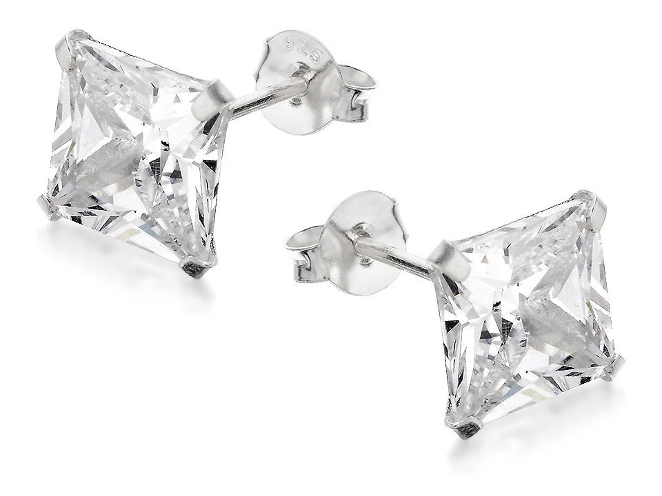 Silver Square Cubic Zirconia Stud Earrings - 8mm - F0320 2 Silver Square Cubic Zirconia Stud Earrings - 8mm - F0320 - Image 2