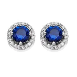 Silver Blue Cubic Zirconia Halo Stud Earrings - 7mm - F04018