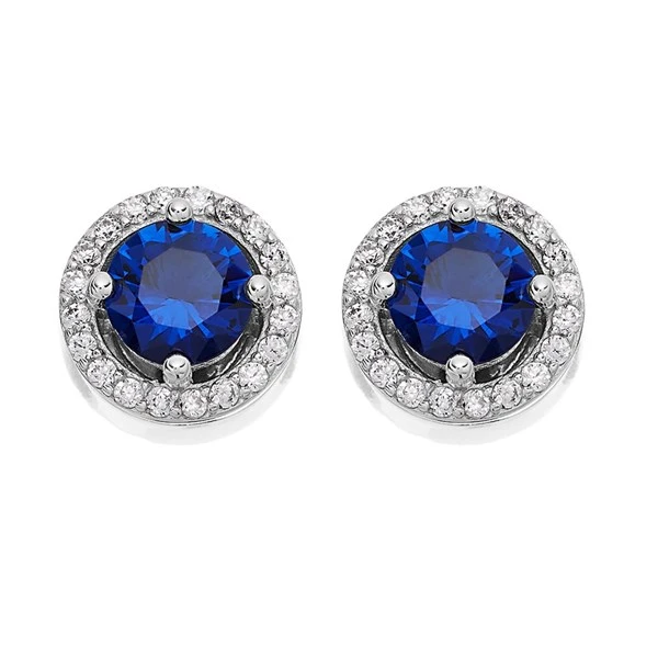 Silver Blue Cubic Zirconia Halo Stud Earrings - 7mm - F04018 1 Silver Blue Cubic Zirconia Halo Stud Earrings - 7mm - F04018