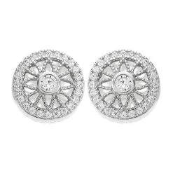 Silver Cubic Zirconia Halo Flower Stud Earrings - 10mm - F04039