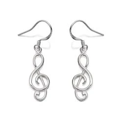 Silver Treble Clef Hook Wire Earrings - 35mm Drop - F0538