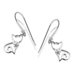 Silver Cubic Zirconia Cat Hook Wire Earrings - 25mm Drop - F0544