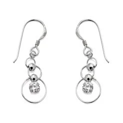 Silver Circles Cubic Zirconia Hook Wire Earrings - 32mm Drop - F0830