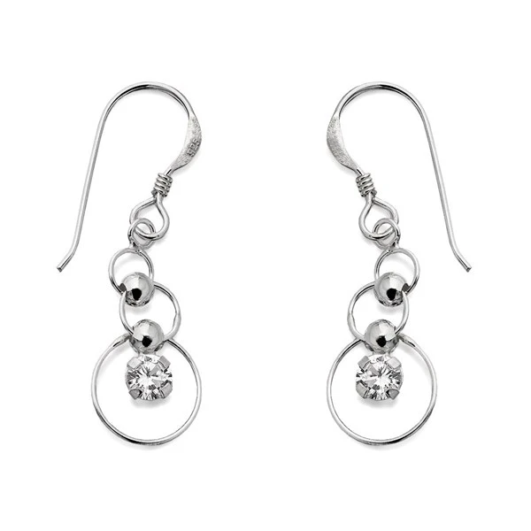 Silver Circles Cubic Zirconia Hook Wire Earrings - 32mm Drop - F0830 1 Silver Circles Cubic Zirconia Hook Wire Earrings - 32mm Drop - F0830