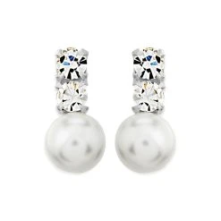 Silver Simulated Pearl And Crystal Stud Earrings - 13mm - F11023