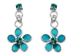 Silver Aqua Blue Crystal Flower Drop Earrings - 15mm Drop - F1136
