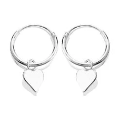 Silver Hoop Earrings With Heart Charm Dropper - 12mm - F13012