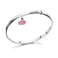 Silver Pink Enamel Flower Charm Expanding Children's Bangle - F2638