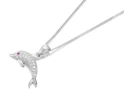 Silver White And Red Cubic Zirconia Dolphin Necklace - F3515