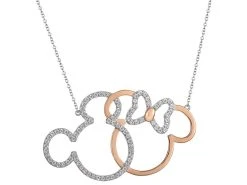 Disney Silver And Rose Plated Mickey And Minnie Cubic Zirconia Necklace - F6725