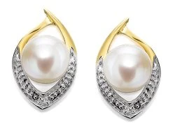 9ct Gold Two Colour Freshwater Pearl And Diamond Stud Earrings - 13mm - G0606