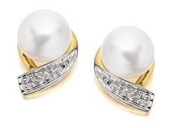 9ct Gold Two Colour Diamond And Freshwater Pearl Earrings - 10mm - G0620