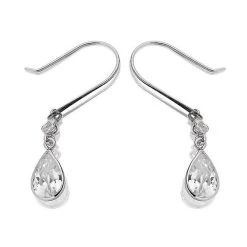 9ct White Gold Cubic Zirconia Drop Hook Wire Earrings - 30mm Drop - G1003