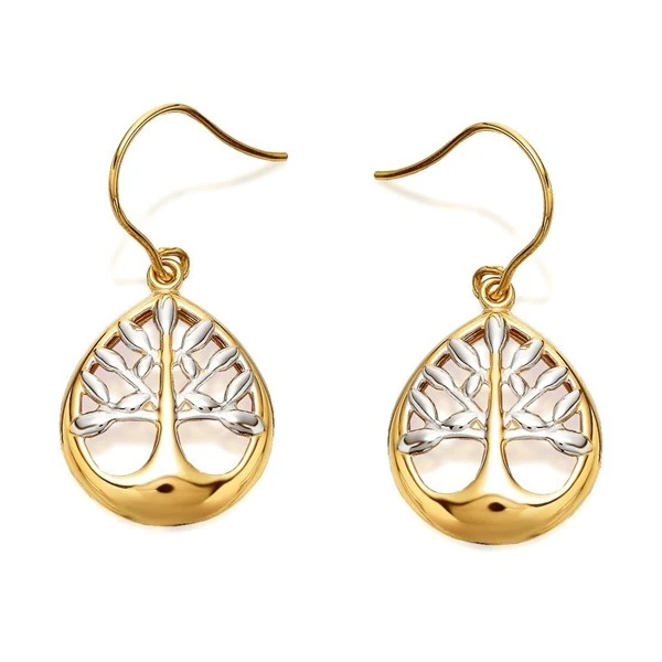 9ct Gold Two Colour F.Hinds Tree Of Life Hook Wire Earrings - 30mm Drop - G1010 1 9ct Gold Two Colour F.Hinds Tree Of Life Hook Wire Earrings - 30mm Drop - G1010