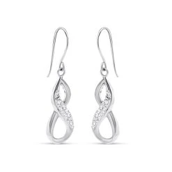 9ct White Gold Crystal Infinity Hook Wire Earrings - 30mm Drop - G1060