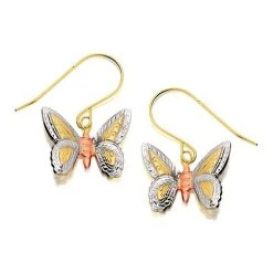 9ct Gold Three Colour Butterfly Hook Wire Earrings - 15mm Drop - G1205