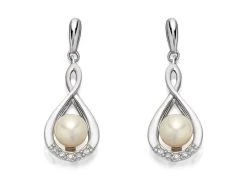 9ct White Gold Freshwater Pearl And Diamond Drop Earrings - EXCLUSIVE - G1821
