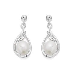 9ct White Gold Freshwater Pearl And Diamond Drop Earrings - G1831
