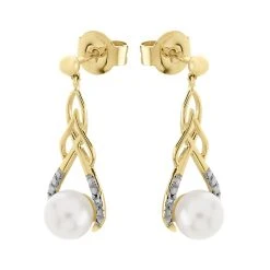 9ct Gold Diamond And Pearl Drop Earrings - 21mm Drop - G1834