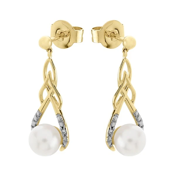 9ct Gold Diamond And Pearl Drop Earrings - 21mm Drop - G1834 1 9ct Gold Diamond And Pearl Drop Earrings - 21mm Drop - G1834