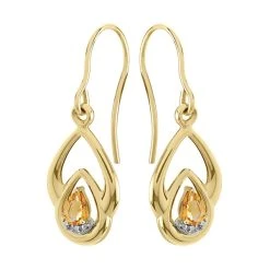 9ct Gold Citrine And Diamond Hook Wire Earrings - 28mm Drop - G1840