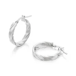 9ct White Gold Twisted Hoop Earrings - 15mm - G2105