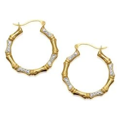 9ct Gold Two Colour Crystal Bamboo Hoop Earrings - 24mm - G2429