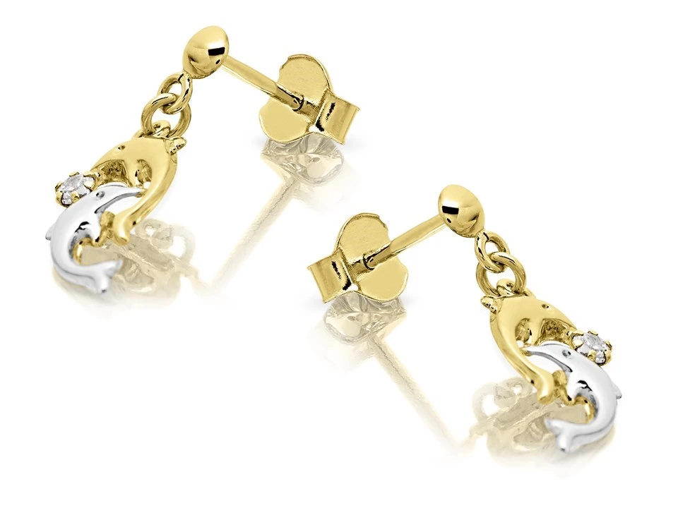 9ct Gold Two Colour Cubic Zirconia Dolphin Drop Earrings - 18mm Drop - G2859 1 9ct Gold Two Colour Cubic Zirconia Dolphin Drop Earrings - 18mm Drop - G2859
