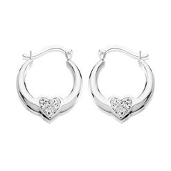 9ct White Gold Crystal Heart Creole Hoop Earrings - 15mm - G41121