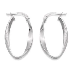 9ct White Gold Twisted Oval Hoop Earrings - 17mm - G4162