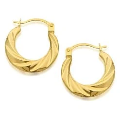 9ct Gold Ribbed Creole Hoop Earrings - 14mm - G4195