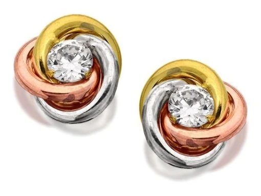 9ct Gold Three Colour Cubic Zirconia Knot Stud Earrings - 12mm - G4629 -Fhinds Shop G4629 L 1