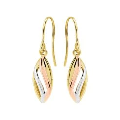 9ct Gold Three Colour Leaf Hook Wire Earrings - 28mm Drop - G48118