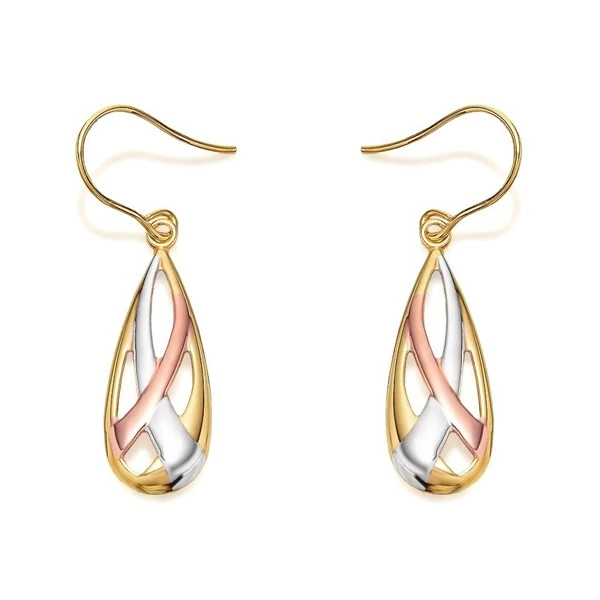 9ct Gold Three Colour Teardrop Hook Wire Earrings - 35mm Drop - G4813 1 9ct Gold Three Colour Teardrop Hook Wire Earrings - 35mm Drop - G4813
