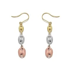 9ct Gold Three Colour Bean Hook Wire Earrings - 38mm Drop - G4820
