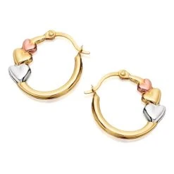 9ct Gold Three Colour Heart Creole Hoop Earrings - 15mm - G4910