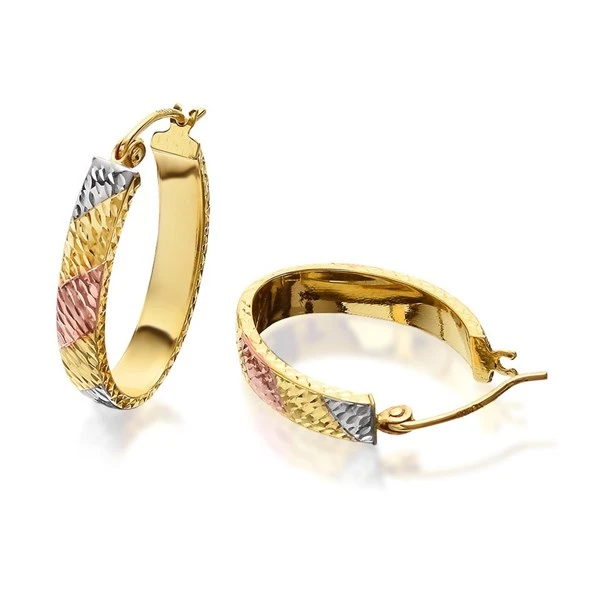 9ct Gold Three Colour Diamond Cut Oval Hoop Earrings - 18mm - G4914 1 9ct Gold Three Colour Diamond Cut Oval Hoop Earrings - 18mm - G4914