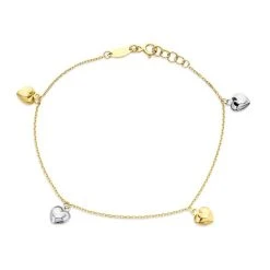 9ct Gold Two Colour Heart Charm Bracelet - 7.5in - G6459