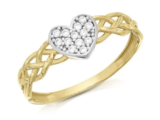 9ct Gold Two Colour Cubic Zirconia Heart Plait Ring - R6537 -Fhinds Shop R6537 L 1