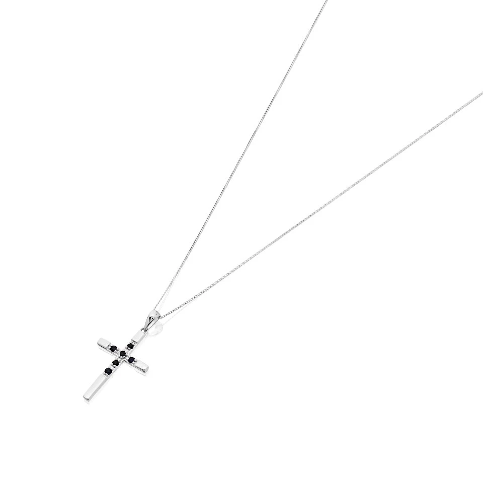 9ct White Gold Black Sapphire Cross And Chain - R6620 1 9ct White Gold Black Sapphire Cross And Chain - R6620