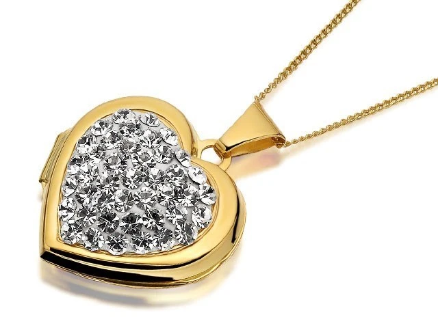 9ct Gold Two Colour Crystal Heart Locket And Chain - R7234 1 9ct Gold Two Colour Crystal Heart Locket And Chain - R7234
